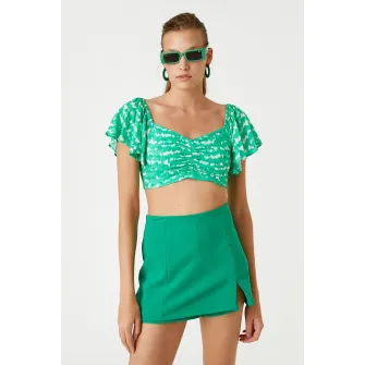 KOTON, Bluza crop cu imprimeu grafic, Verde, Alb, 40