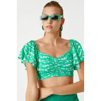 KOTON, Bluza crop cu imprimeu grafic, Verde, Alb, 42