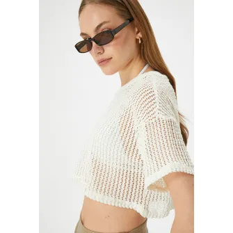 KOTON, Bluza crop semitransparenta cu maneci cazute, Transparent, Alb, XL