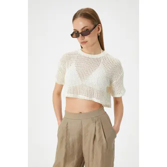 KOTON, Bluza crop semitransparenta cu maneci cazute, Transparent, Alb, XL
