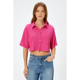 KOTON, Camasa crop cu buzunar aplicat pe piept, Fucsia, L