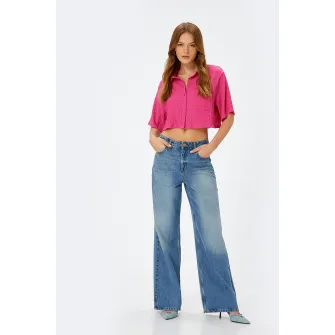 KOTON, Camasa crop cu buzunar aplicat pe piept, Fucsia, L