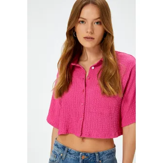 KOTON, Camasa crop cu buzunar aplicat pe piept, Fucsia, XL
