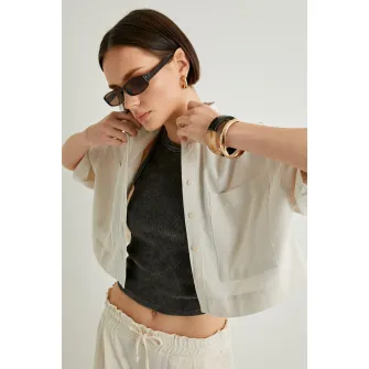 KOTON, Camasa crop lejera, Alb murdar, 44