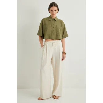 KOTON, Camasa crop lejera, Kaki, 44