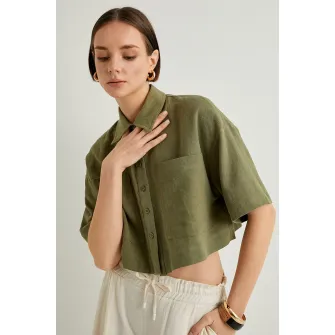 KOTON, Camasa crop lejera, Kaki, 44