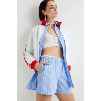 KOTON, Pantaloni scurti cu dungi si talie inalta, Albastru pastel, Alb, 34