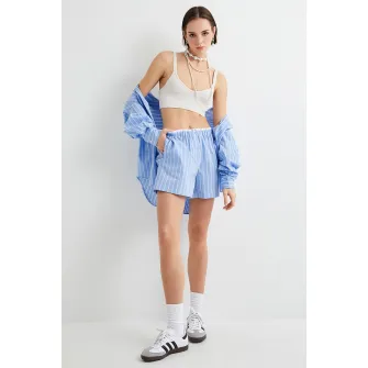 KOTON, Pantaloni scurti cu dungi si talie inalta, Albastru pastel, Alb, 34