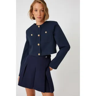 KOTON, Sacou crop cu decolteu la baza gatului, Auriu, Albastru inchis, 34