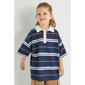 KOTON, Tricou polo lejer cu dungi, Alb, Bleumarin, 134-140 CM