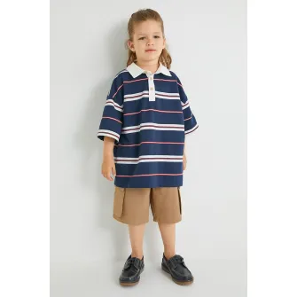 KOTON, Tricou polo lejer cu dungi, Alb, Bleumarin, 134-140 CM