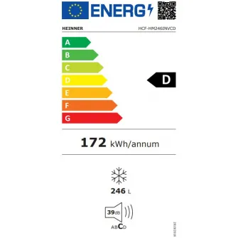 Lada frigorifica Heinner HCF-HM246INVCD, 246 l, Clasa D, Compresor inverter, Control electronic, Convertibila frigider/congelator, 1 cos, Maner cu incuietoare, Rezistenta la frig, Waterproof Display, Alb
