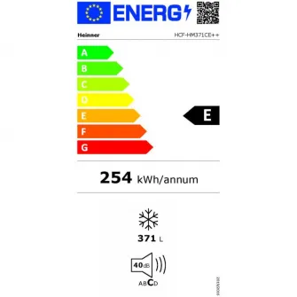 Lada frigorifica Heinner HCF-HM371CE++, 371 l, Clasa E, Control Electronic, Functie frigiderm Iluminare LED, Alb