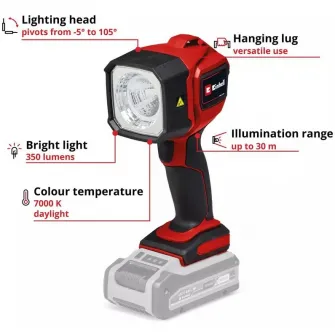 Lampa fara fir Einhell Classic TC-CL 18/350 Li-Solo Power X-Change, 18 V, 350 lm, 7000 K, 30 m raza de actiune, cap de lampa pivotant, lumina LED de inalta calitate, fara acumulator si incarcator