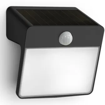 Lampa LED solara Philips Yarixa SR WA, cu senzor miscare/lumina, 2.2W, 250/25 lm, lumina alba calda (2700K), IP44, Negru