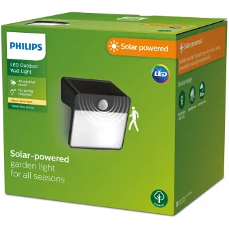 Lampa LED solara Philips Yarixa SR WA, cu senzor miscare/lumina, 2.2W, 250/25 lm, lumina alba calda (2700K), IP44, Negru
