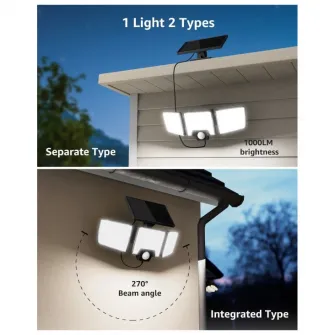 Lampa solara LED de perete Lepro PR640005, cu telecomanda, 10W, 1000 lm, 3 panouri, 2 moduri iluminare, senzor de miscare, IP65