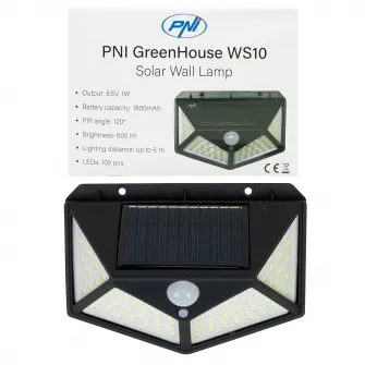 Lampa solara LED PNI GreenHouse WS10, 100 LED-uri, 600 lm, unghi PIR 120 grade, acumulator 1800 mAh, montaj pe perete
