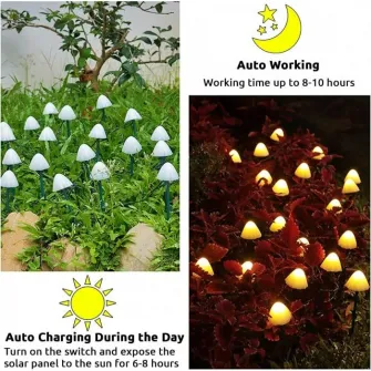 Lampa solara LED Rovo 01-Alb, ciupercute, acumulator 600 mAh, 8 moduri de functionare, lumina alba calda (3000K), 6.5m