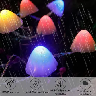 Lampa solara LED Rovo, 30 x ciupercute, acumulator 600 mAh, 8 moduri de functionare, lumina multicolora, 6.5m