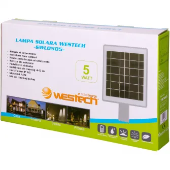 Lampa solara LED Westech SWL0505, cu senzor miscare, 5W, acumulator litiu 3.7V 4000 mAh, IP65