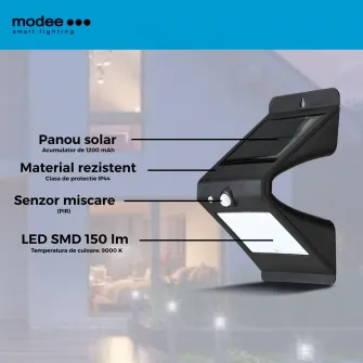 Lampa solara Modee WS123, cu senzor de miscare, 150 lm, acumulator 3.7V 1200mAh 18650, IP44, Negru