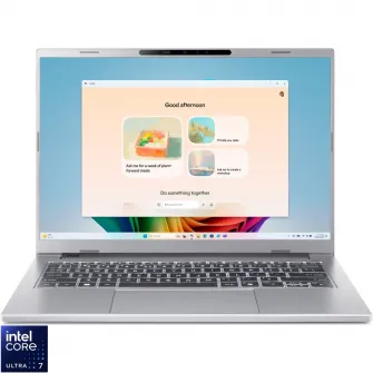 Laptop Acer Aspire 14 AI cu procesor Intel Core Ultra 7 256V pana la 4.8 GHz, 14'', WUXGA IPS, 120Hz, 16GB LPDDR5X, 512GB SSD, Intel Arc Graphics 140V, Windows 11 Home, Pure Silver
