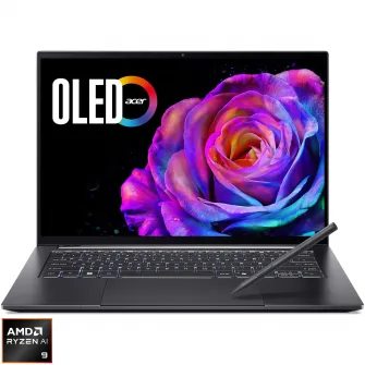 Laptop Acer Swift X 14 AI OLED SFX14-61G-R7VY cu procesor AMD Ryzen™ AI 9 365 pana la 5.0GHz, 14.5'' 2.8K, OLED, 120Hz, Touch, 32GB LPDDR5X RAM, 1TB SSD, NVIDIA GeForce RTX™ 5070 8GB GDDR7, Windows 11 Home, Titanium Gray