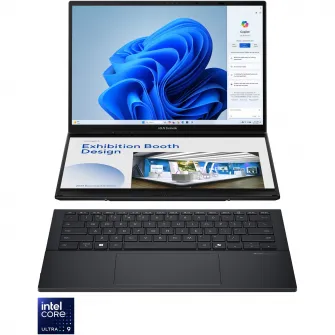 Laptop ASUS Zenbook Duo UX8406CA cu procesor Intel® Core™ Ultra 7 255H pana la 5.1GHz, 14'', Full HD, OLED, Touch, 32GB LPDDR5X RAM, 1TB SSD, Intel® Arc™ Graphics, Windows 11 Pro, Inkwell Gray, 3Y PUR