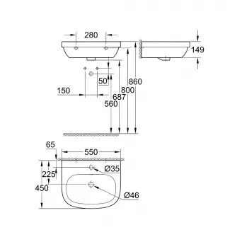 Lavoar Grohe Euro 3933600H montare perete, preaplin, 550 x 450 mm, anti bacterian, anti aderent, alb