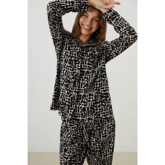 LC WAIKIKI, Pijama din bumbac cu model, Negru, Alb optic, L