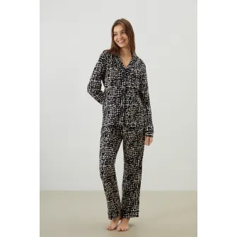 LC WAIKIKI, Pijama din bumbac cu model, Negru, Alb optic, L