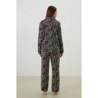 LC WAIKIKI, Pijama din bumbac cu model, Negru, Alb optic, L