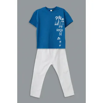 LC WAIKIKI, Set de tricou din amestec de bumbac si pantaloni - 2 piese, Alb murdar, Albastru, 80-92 CM