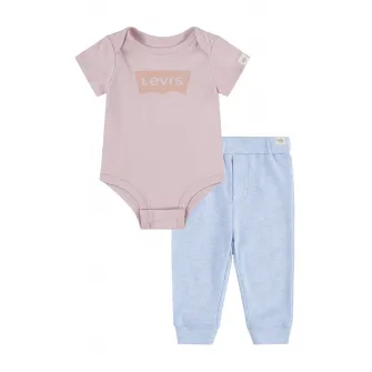 Levi's, Set de body din bumbac organic si pantaloni de trening, Albastru deschis, Roz prafuit, 68 CM