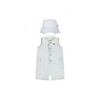Levi's, Set de palarie bucket si salopeta de bumbac, Albastru prafuit, 62 CM