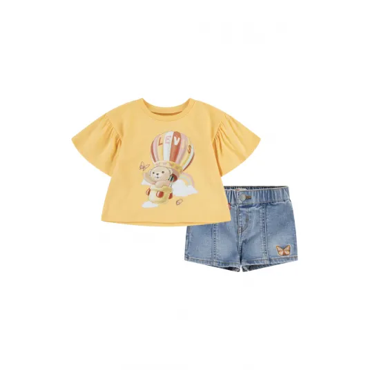 Levi's, Set de pantaloni scurti si tricou din amestec de bumbac, Albastru prafuit, Galben sofran, 62 CM