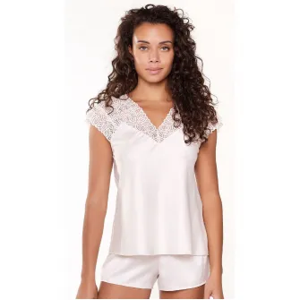 LingaDore, Pijama scurta de satin si dantela, Crem, M