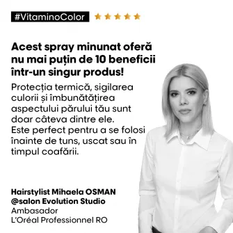 Lotiune de par 10 in 1 Spray, L’Oreal Professionnel Serie Expert Vitamino Color, pentru ingrijirea parului vopsit, formula cu Resveratrol, cu protective termica pana la 230°, tehnologia antioxidanta, imbunatateste regenerarea fibrei, 190ml
