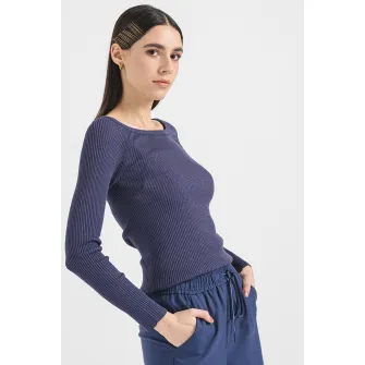Marella, Pulover striat cu decolteu barcuta, Violet aubergine, L