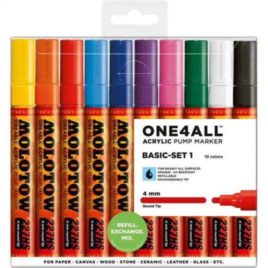 Marker acrilic Molotow ONE4ALL™ 227HS portofel Basic-Set 1, 10 buc