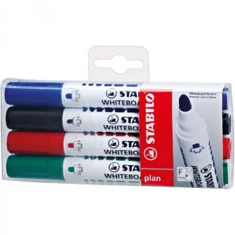 Marker pentru tabla Stabilo plan, varf rotund, 2.5 - 3.5 mm, 4 culori, etui plastic