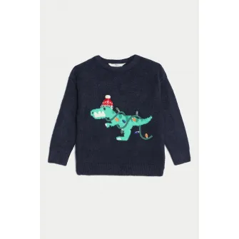 Marks & Spencer, Pulover tricotat cu dinozaur brodat, Verde, Albastru ultramarin, 116-122 CM
