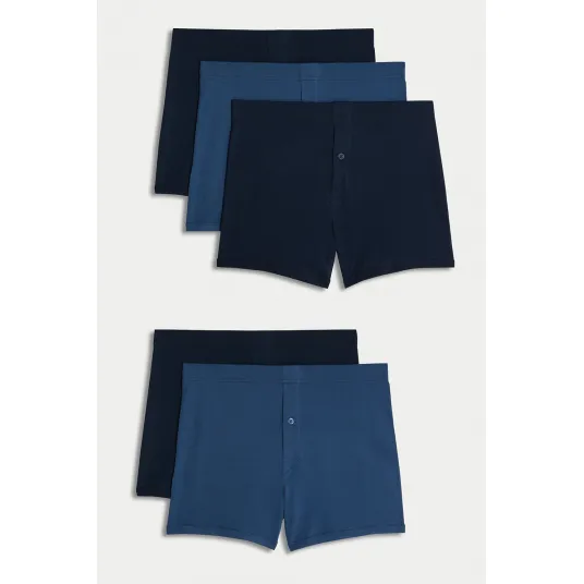 Marks & Spencer, Set de boxeri cu slit cu nasture - 5 perechi, Albastru deschis, Bleumarin, M