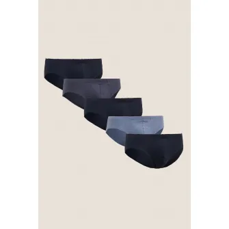 Marks  Spencer, Set de chiloti de bumbac - 5 perechi, Albastru prafuit, Gri inchis, Bleumarin, L
