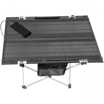 Masa de camping cu incarcare solara Technaxx TX-251, 20 W, pliabila, dimensiune 60.8 x 40.5 x 42 cm, 1xUSB-A, 1xUSB-C, negru