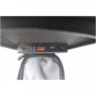 Masa de camping cu incarcare solara Technaxx TX-252, 60 W, dimensiune 80.5 x 66 x 56 cm, pliabila, 2xUSB-A, 1xUSB-C, 1xDC5521, negru