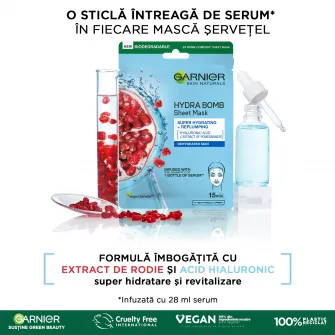 Masca servetel Garnier Moisture + Aqua Bomb cu rodie, 32 g