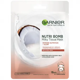 Masca servetel Garnier Nutribomb cu lapte de cocos si acid hialuronic pentru ten uscat si tern, 28 g