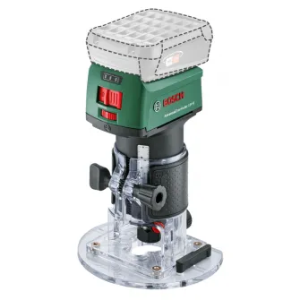 Masina de frezat pe acumulator Bosch AdvancedTrimRouter 06039D5000, 18 V, 30.000 RPM, 38 mm cursa maxima, 6/8 mm bucsa elastica, limitator paralel, adaptor aspirare, freza de rotunjit, cheie fixa, fara acumulator/incarcator